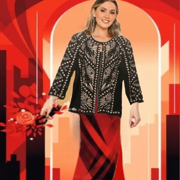 MING WANG Jacquard Premier Knitwear Bracelet Sleeves Jacket Cardigan Sz L - Picture 1 of 6